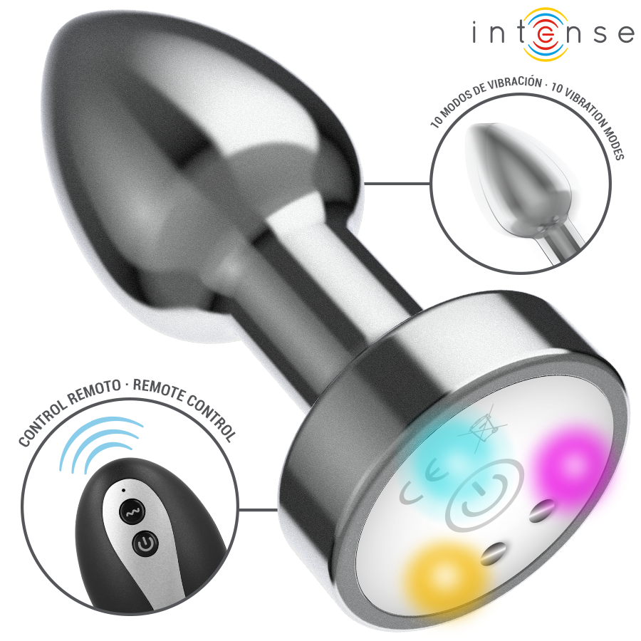 INTENSE - PLUG ANAL DE METAL VIBRANTE COM LUZES LED E CONTROLE REMOTO
